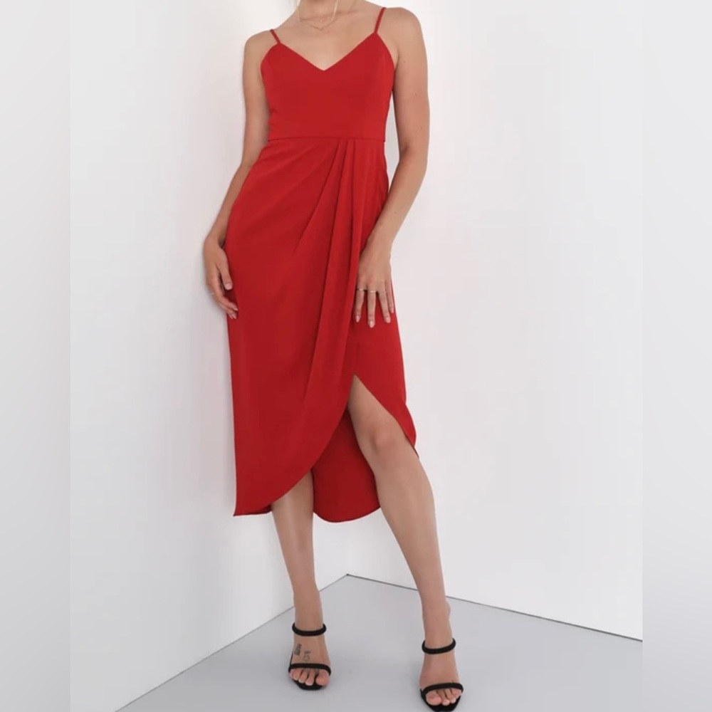 Lulus Reinette Rust Red Midi Dress, size medium